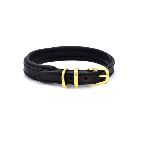 Load image into Gallery viewer, Luxury Black with Brass Padded Leather Dog Collar by Dogs &amp;amp; Horses
