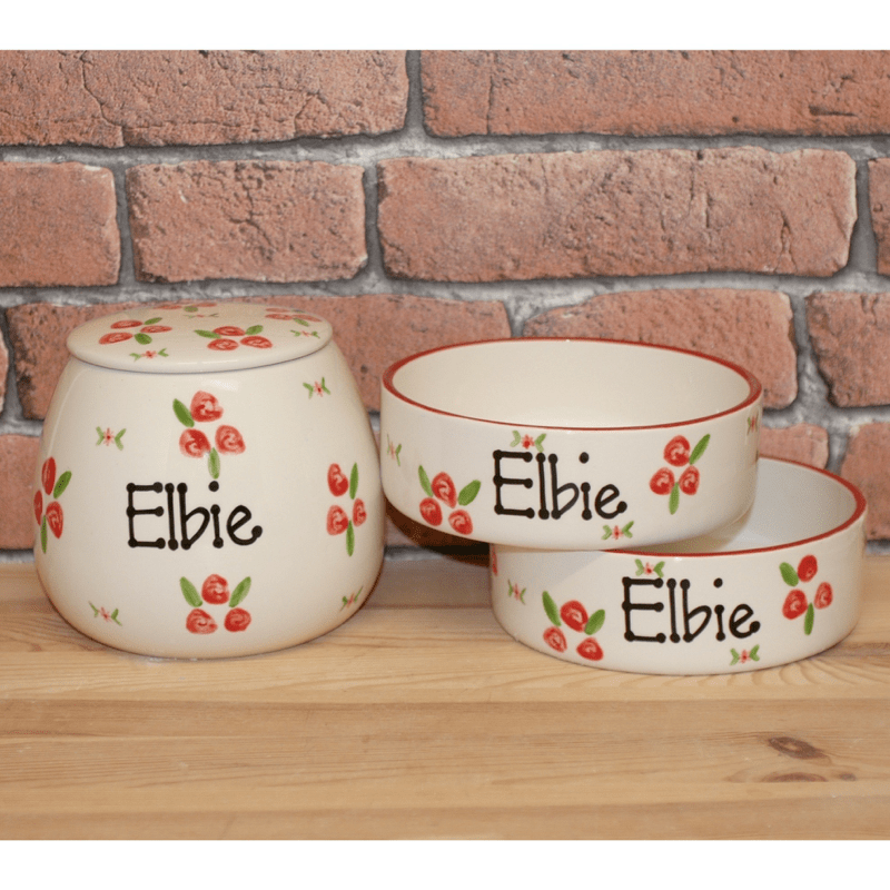Personalised Ceramic Dog Bowl with Roses